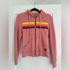 Aviator Nation 5 Stripe Hoodie - Petal color with Neon Rainbow - size XS